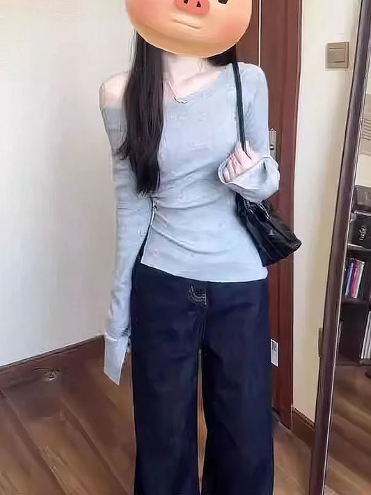 Off shoulder Long sleeve T shirt Women One shoulder Fitted Basic Plain Tee Shirt Lady Split Casual Top Spring Autumn Winter