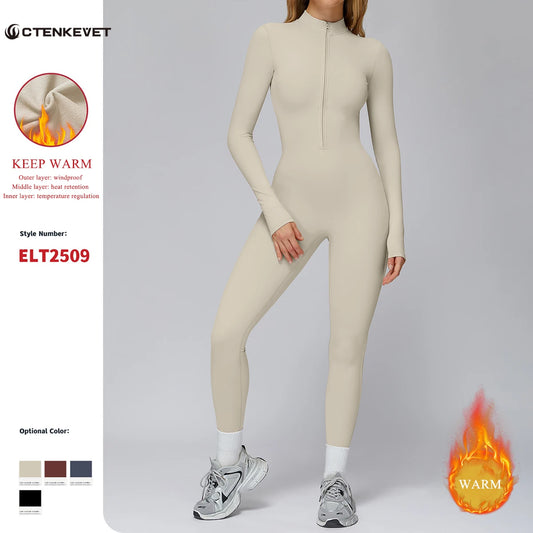 Women's Autumn/Winter Fitness Jumpsuit Tight-Fitting Fleece-Lined Yoga Jumpsuit Outdoor Thermal Jumpsuit Running & Fitness Wear