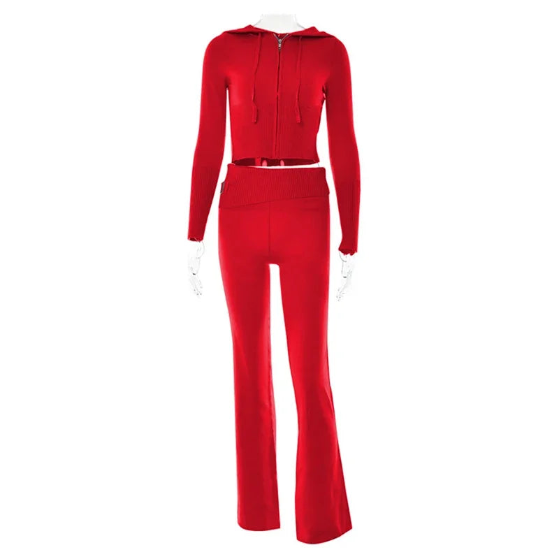 Ribbed Knit Tracksuit – Slim Hooded Crop Top & High-Waist Flare Pants (2-Piece Set)