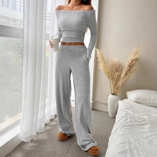 Two Pieces Women Pant Sets Solid Matching Set Long Sleeves Top Elastic Waist Wide Leg Pant Slim Fit Casual 2025 Autumn Winter