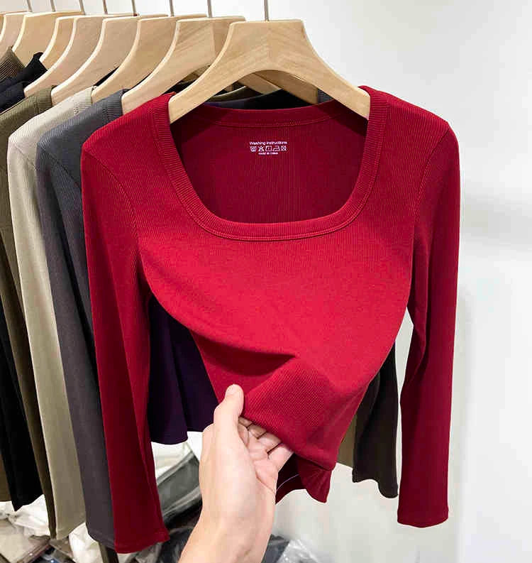 Fashion Square Collar Long Sleeve T-shirt for Women 2025 Spring Autumn New Slim Short Tops Solid Casual Thin Bottoming Shirt