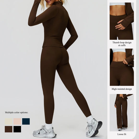 2Pcs Women's Long Sleeve Sports Jacket Zipper Gym Suit Outdoor Sportswear Yoga Workout Two-Piece Fitness Set Female Outfit