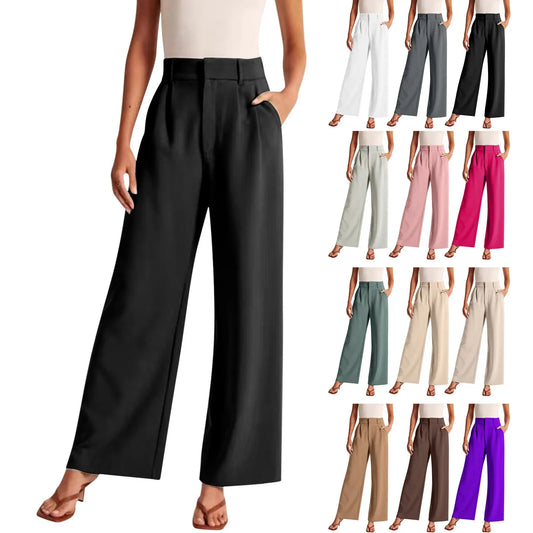 Solid Wide Leg Pants For Women High Waisted Work Business Dress Pants Casual Long Suit Straight Trousers Office Lady Linen Pants