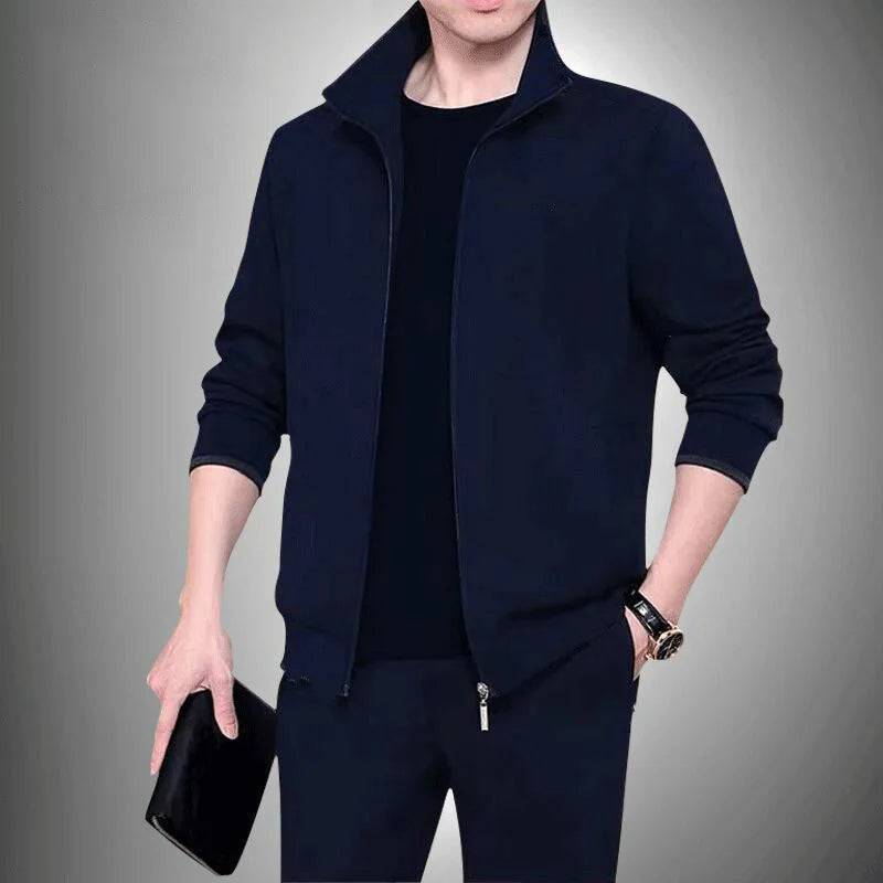 Middle aged and elderly men's two-piece casual wear and sportswear set, long sleeved set, public edition solid color cardigan to
