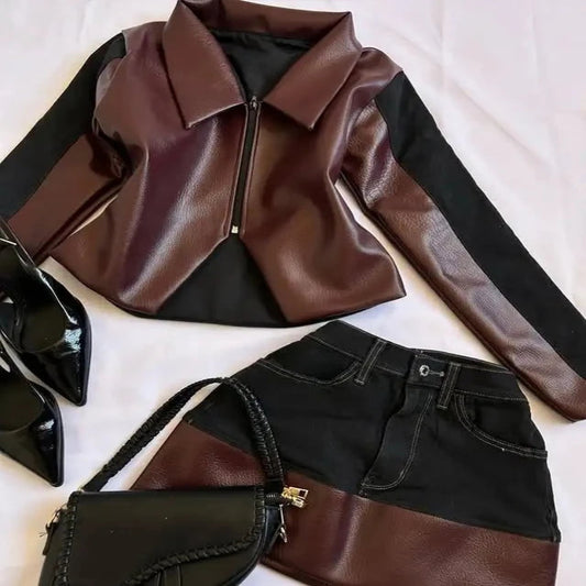 Zipper Jacket and Skirt Two Piece Set
