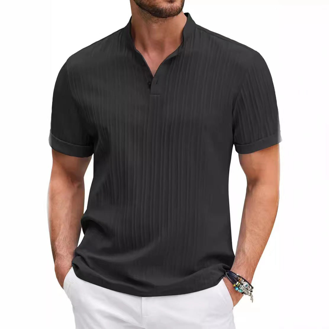 2025 Summer New Men's quick-drying Shirts Striped Jacquard Shirt Breathable Casual Comfortable Stylish Casual Short-Sleeved Top