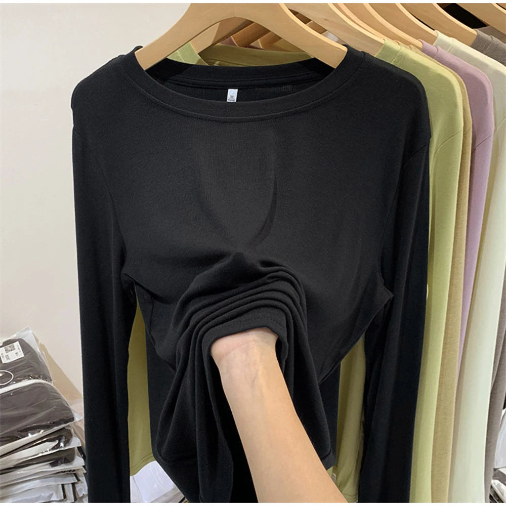 Fashion Long Sleeved T-shirt Women's Solid O-Neck Ice Silk Bottoming Shirt Spring Autumn New Pullover Simple Casual Tops