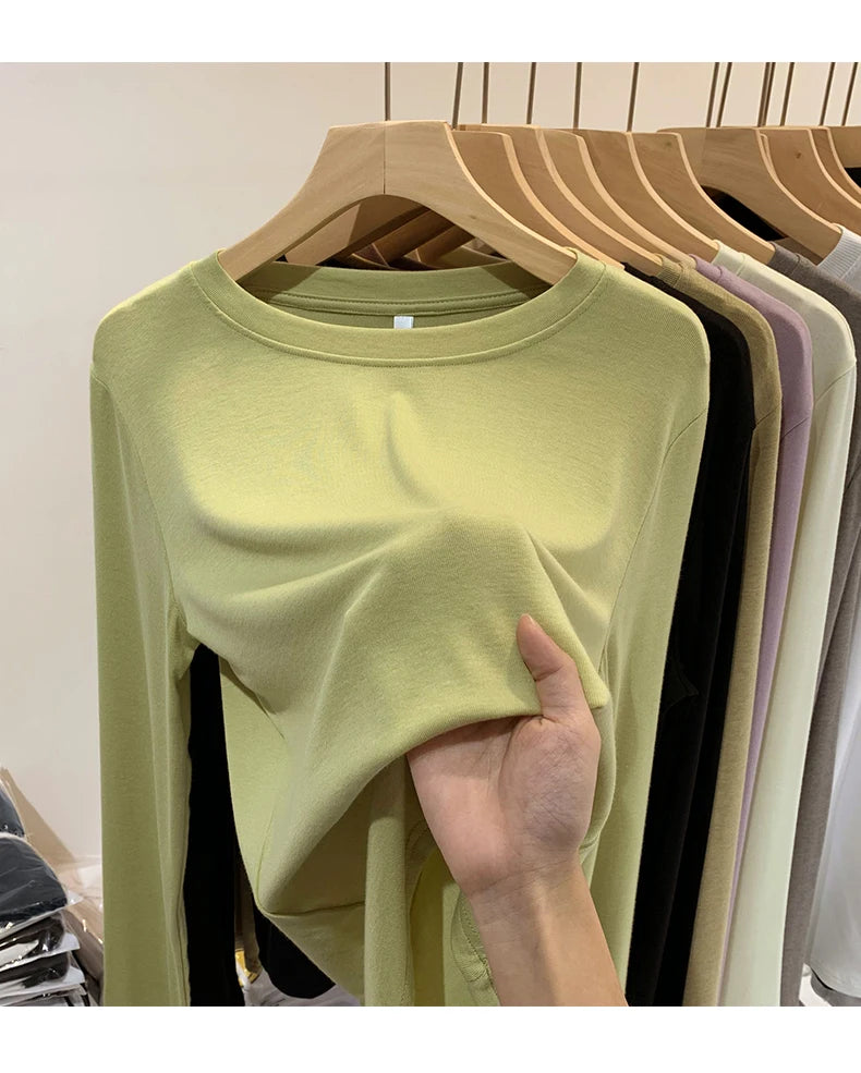 Fashion Long Sleeved T-shirt Women's Solid O-Neck Ice Silk Bottoming Shirt Spring Autumn New Pullover Simple Casual Tops