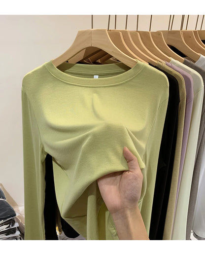 Fashion Long Sleeved T-shirt Women's Solid O-Neck Ice Silk Bottoming Shirt Spring Autumn New Pullover Simple Casual Tops