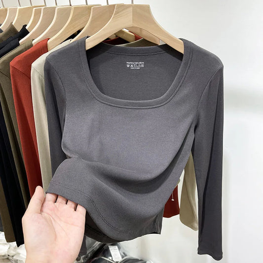 Fashion Square Collar Long Sleeve T-shirt for Women 2025 Spring Autumn New Slim Short Tops Solid Casual Thin Bottoming Shirt