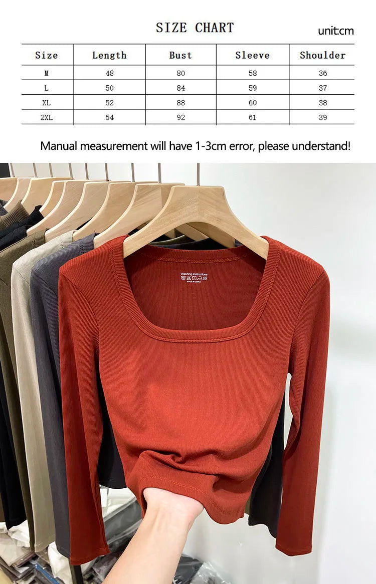Fashion Square Collar Long Sleeve T-shirt for Women 2025 Spring Autumn New Slim Short Tops Solid Casual Thin Bottoming Shirt