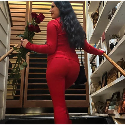 Ribbed Knit Tracksuit – Slim Hooded Crop Top & High-Waist Flare Pants (2-Piece Set)