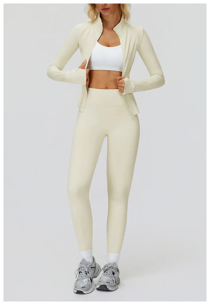 2Pcs Women's Long Sleeve Sports Jacket Zipper Gym Suit Outdoor Sportswear Yoga Workout Two-Piece Fitness Set Female Outfit