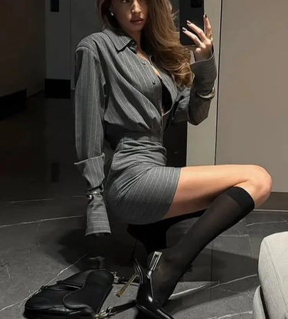 Spring And Summer New Fashion Striped Top Short Skirt Two-piece Set Simple Casual Temperament Elegant Short Skirt Sets Women