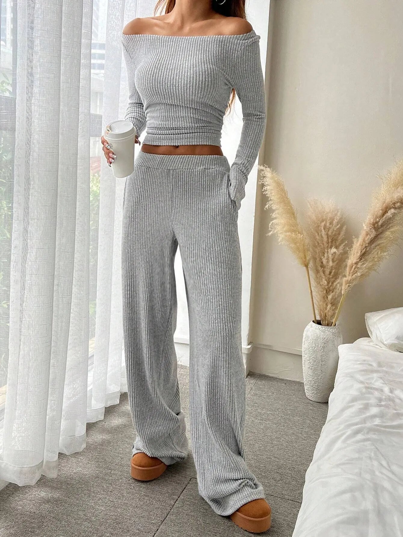 Two Pieces Women Pant Sets Solid Matching Set Long Sleeves Top Elastic Waist Wide Leg Pant Slim Fit Casual 2025 Autumn Winter