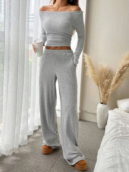 Two Pieces Women Pant Sets Solid Matching Set Long Sleeves Top Elastic Waist Wide Leg Pant Slim Fit Casual 2025 Autumn Winter