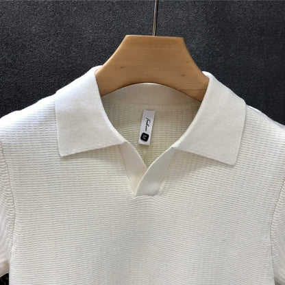 Casual Knitted Polo Shirt Men's Short Sleeve Cuban Collar T-Shirt Summer Fashion Individualistic Turn-down Collar Male Top