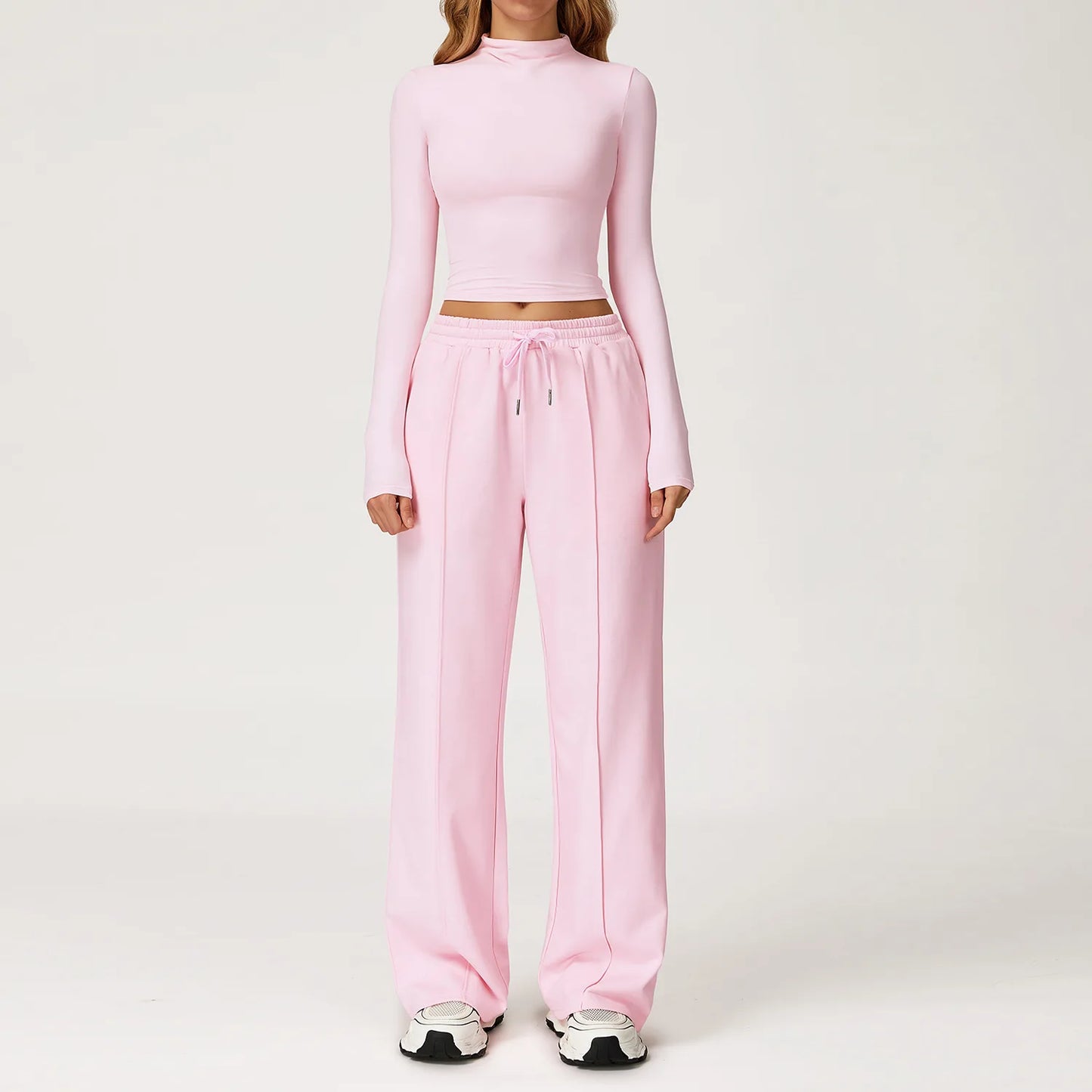 Women Clothes Yoga Set Long Sleeve High Neck Slim Shirt Top with High Waist Drawstring Sweatpants Sport Gym Running Fitness Suit