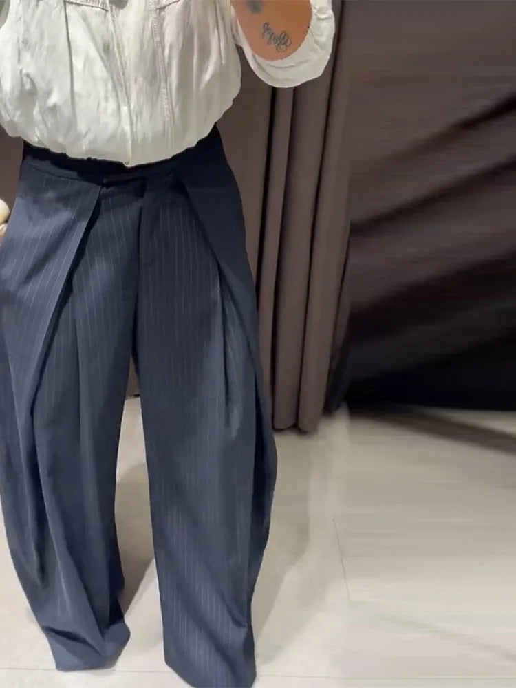 Fashion Chic Irregular Striped Long Pants For Women High Waist Loose Trouser 2025 Autumn Winter Fashion Female Daily Casual Pant