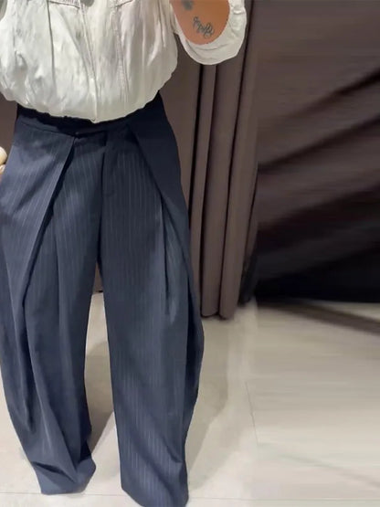 Fashion Chic Irregular Striped Long Pants For Women High Waist Loose Trouser 2025 Autumn Winter Fashion Female Daily Casual Pant