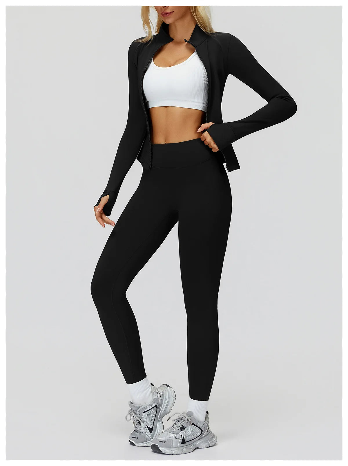 2Pcs Women's Long Sleeve Sports Jacket Zipper Gym Suit Outdoor Sportswear Yoga Workout Two-Piece Fitness Set Female Outfit