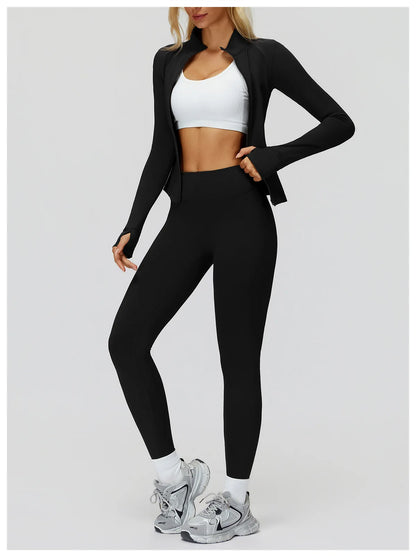 2Pcs Women's Long Sleeve Sports Jacket Zipper Gym Suit Outdoor Sportswear Yoga Workout Two-Piece Fitness Set Female Outfit