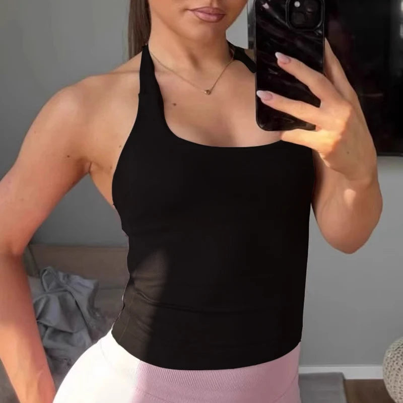 Halter Top, Workout Tank Top – Padded Sports Bra, Backless Yoga Crop Top, Seamless Gym Halter Fitness Vest