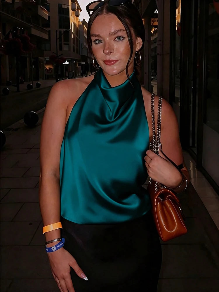 2026 Halter Tops For Women Satin Backless Short Top Female Summer Beach Top Woman off Shoulder Camisole Top Women