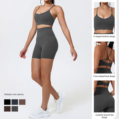 2Pcs Women's Cross-Back Two-Piece Sports Set Comfortable Yoga Fitness Wear Athletic Apparel Bra And Workout Clothing Set Female