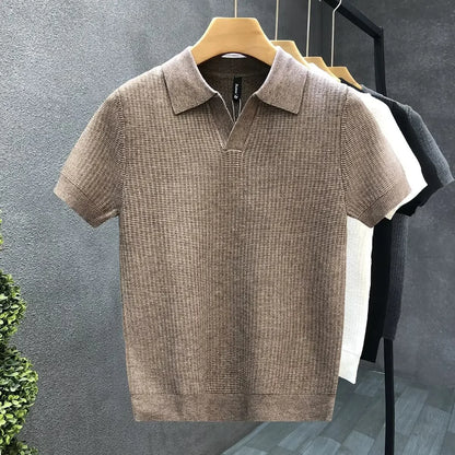 Casual Knitted Polo Shirt Men's Short Sleeve Cuban Collar T-Shirt Summer Fashion Individualistic Turn-down Collar Male Top