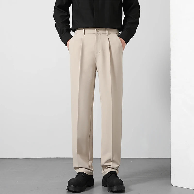 2025 Men's Loose Suit Pants Classic Straight Solid Color Drape Elastic Business Office Worker Casual Trousers Brown Khaki Gray