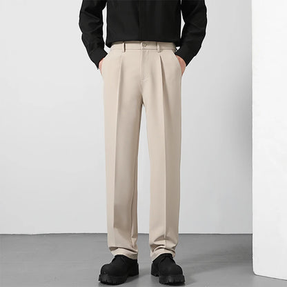 2025 Men's Loose Suit Pants Classic Straight Solid Color Drape Elastic Business Office Worker Casual Trousers Brown Khaki Gray