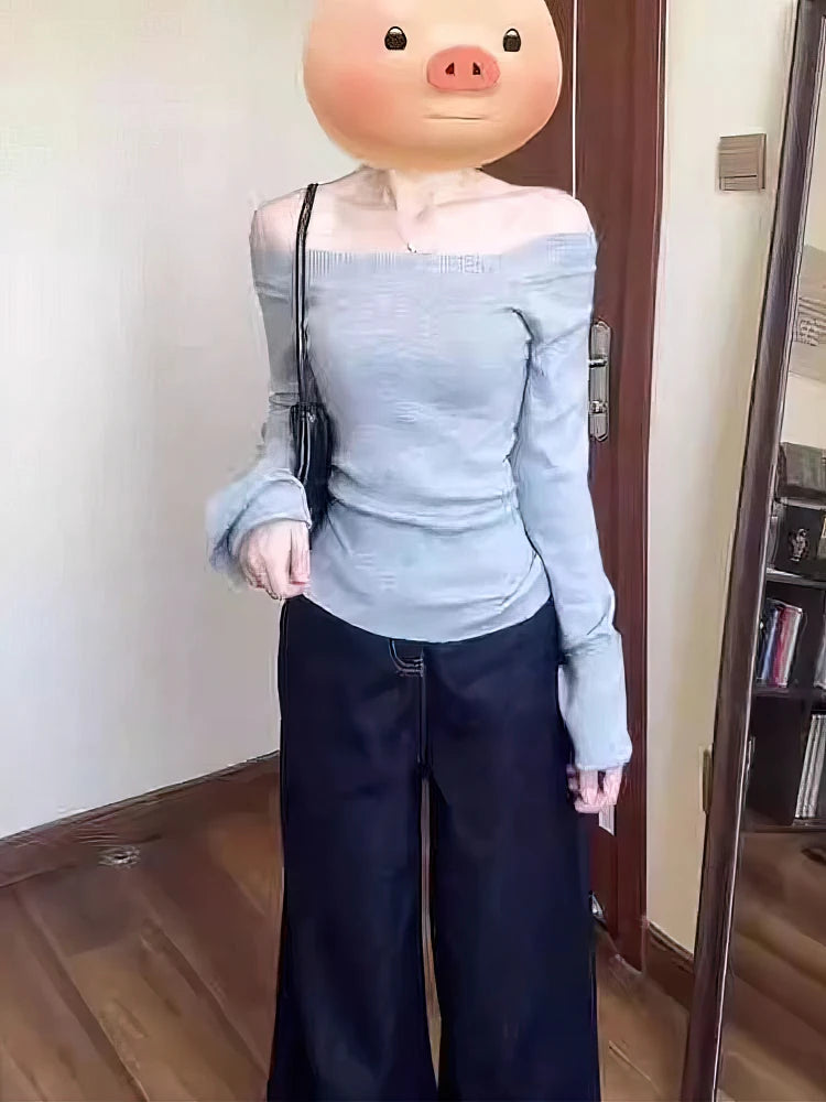 Off shoulder Long sleeve T shirt Women One shoulder Fitted Basic Plain Tee Shirt Lady Split Casual Top Spring Autumn Winter