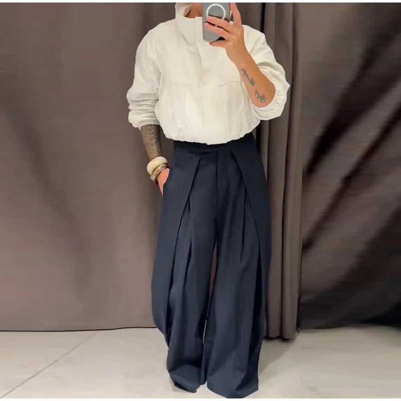 Fashion Chic Irregular Striped Long Pants For Women High Waist Loose Trouser 2025 Autumn Winter Fashion Female Daily Casual Pant