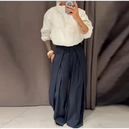 Fashion Chic Irregular Striped Long Pants For Women High Waist Loose Trouser 2025 Autumn Winter Fashion Female Daily Casual Pant