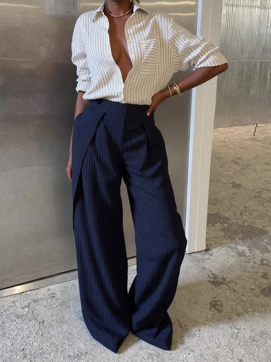 Fashion Chic Irregular Striped Long Pants For Women High Waist Loose Trouser 2025 Autumn Winter Fashion Female Daily Casual Pant