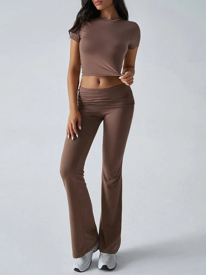 Women's Sexy Tops Suits 2025 Summer Latest Casual Solid Color Yoga Suit Slim Fit Sports Short Sleeved Pants Two-Piece Set Outfit