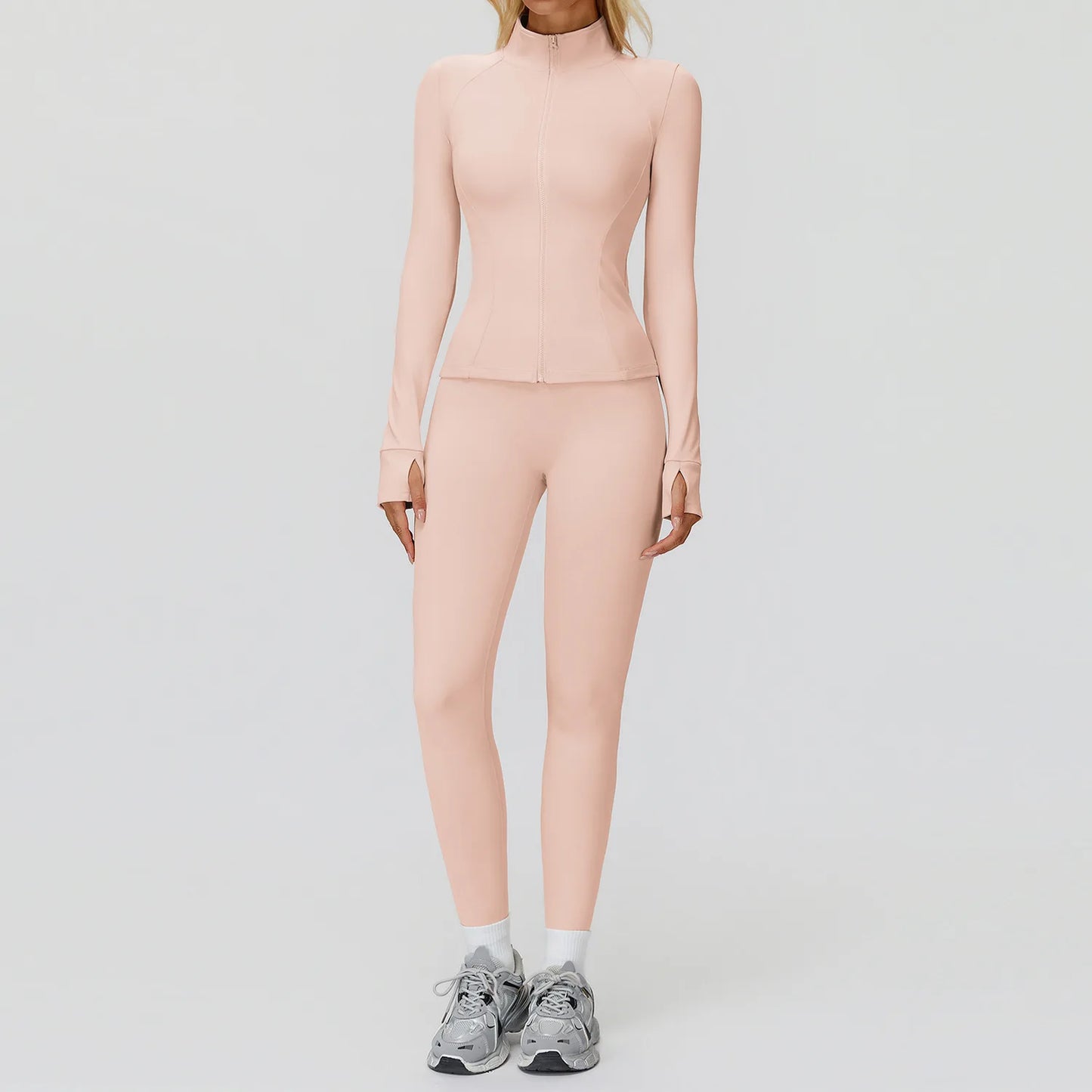 2Pcs Women's Long Sleeve Sports Jacket Zipper Gym Suit Outdoor Sportswear Yoga Workout Two-Piece Fitness Set Female Outfit