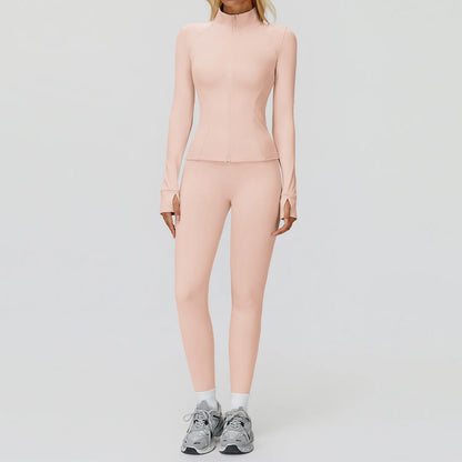 2Pcs Women's Long Sleeve Sports Jacket Zipper Gym Suit Outdoor Sportswear Yoga Workout Two-Piece Fitness Set Female Outfit