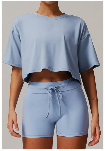 Loose Yoga Top Women Short Sleeve Gym Top Quick Dry Running Sports Shirt Fitness Woman Athletic Cropped Tops Push Up Active Wear