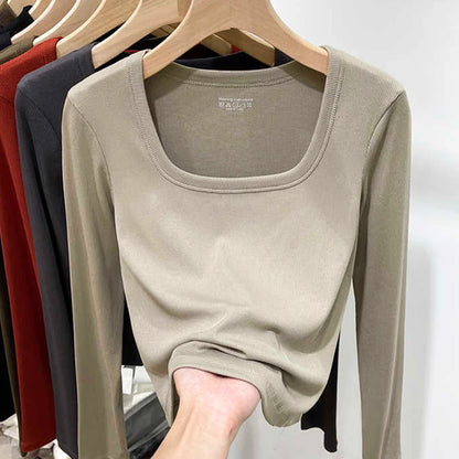 Fashion Square Collar Long Sleeve T-shirt for Women 2025 Spring Autumn New Slim Short Tops Solid Casual Thin Bottoming Shirt