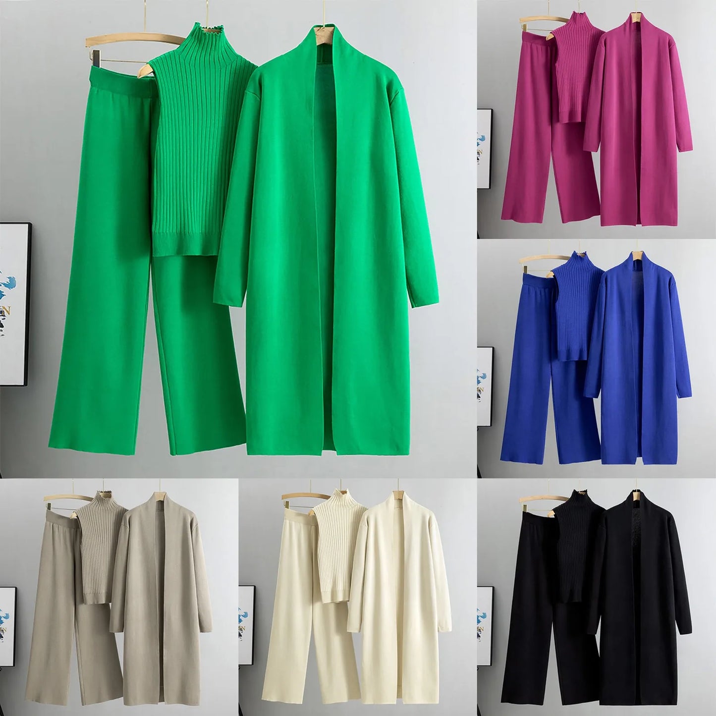 Ladies 3 Piece Outfits Sweater Sets Pullover Crop Top & Knitted Long Cardigan & Wide Leg Pants Suits Autumn Clothes Sets