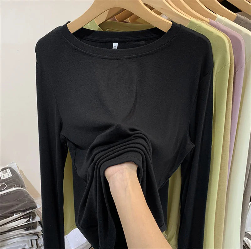 Fashion Long Sleeved T-shirt Women's Solid O-Neck Ice Silk Bottoming Shirt Spring Autumn New Pullover Simple Casual Tops