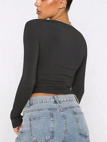 Basic Long Sleeve Crop Top for Women Spring Autumn Winter Round Neck Slim Fit Solid Color T-shirt Streetwear Tee Top