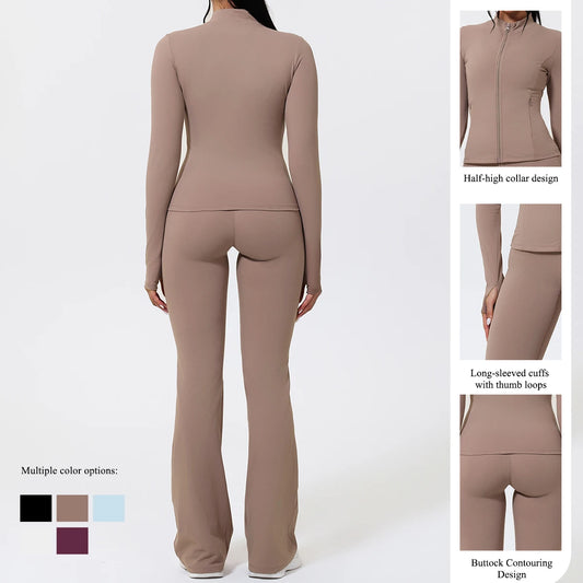 Women's Long Sleeve Sports Jacket with Pocket Outdoor Fall/Winter Gym Suit Yoga Workout Two-Piece Fitness Outfit Female