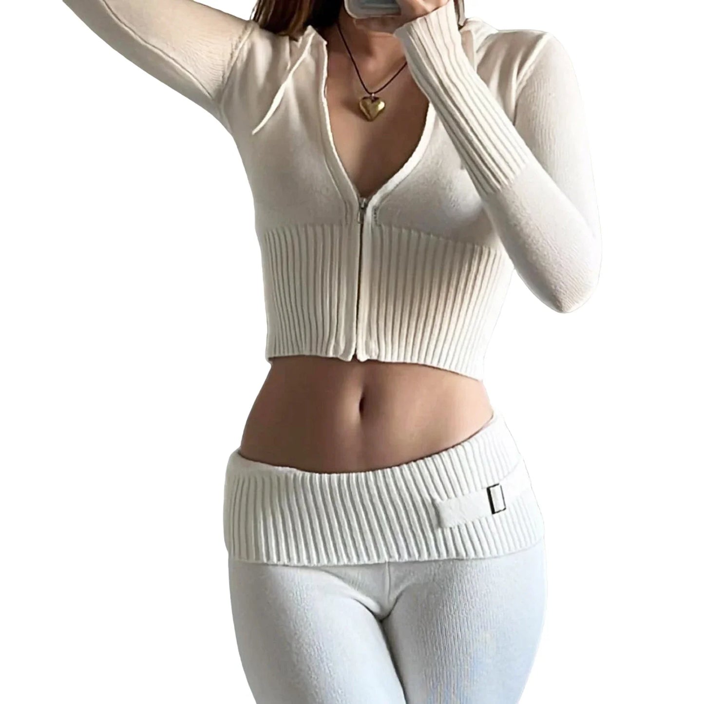 Ribbed Knit Tracksuit – Slim Hooded Crop Top & High-Waist Flare Pants (2-Piece Set)