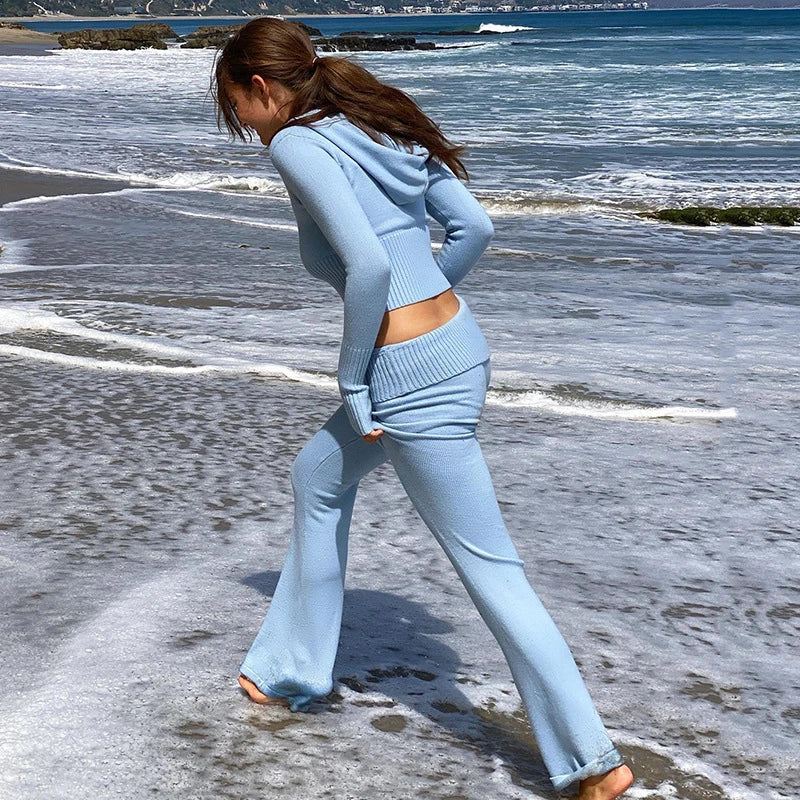 Ribbed Knit Tracksuit – Slim Hooded Crop Top & High-Waist Flare Pants (2-Piece Set)