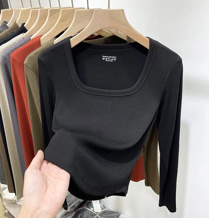 Fashion Square Collar Long Sleeve T-shirt for Women 2025 Spring Autumn New Slim Short Tops Solid Casual Thin Bottoming Shirt