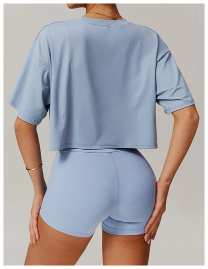 Loose Yoga Top Women Short Sleeve Gym Top Quick Dry Running Sports Shirt Fitness Woman Athletic Cropped Tops Push Up Active Wear