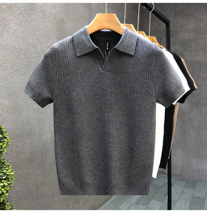 Casual Knitted Polo Shirt Men's Short Sleeve Cuban Collar T-Shirt Summer Fashion Individualistic Turn-down Collar Male Top